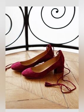 Sézane Valentina Mary Janes Burgundy Suede Block Heel Pumps 38